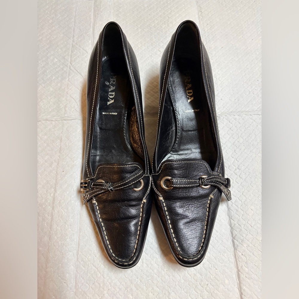 Prada Black Leather Pointed-Toe Loafers with Bit Detail - Picture 2 of 9